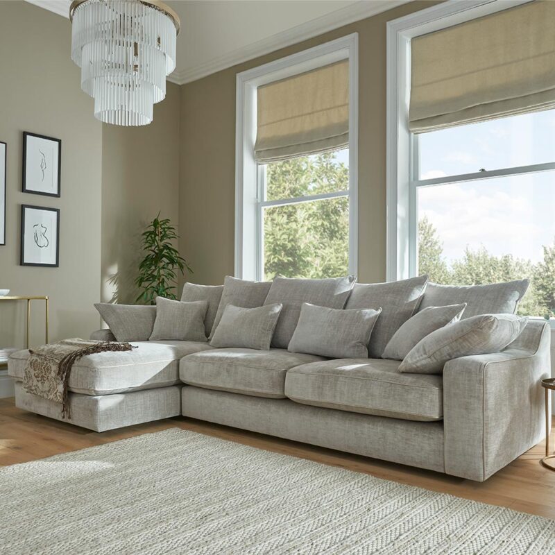 Miami large chaise end sofa LHF Pillow Back in a neutral fabric with contrast piping