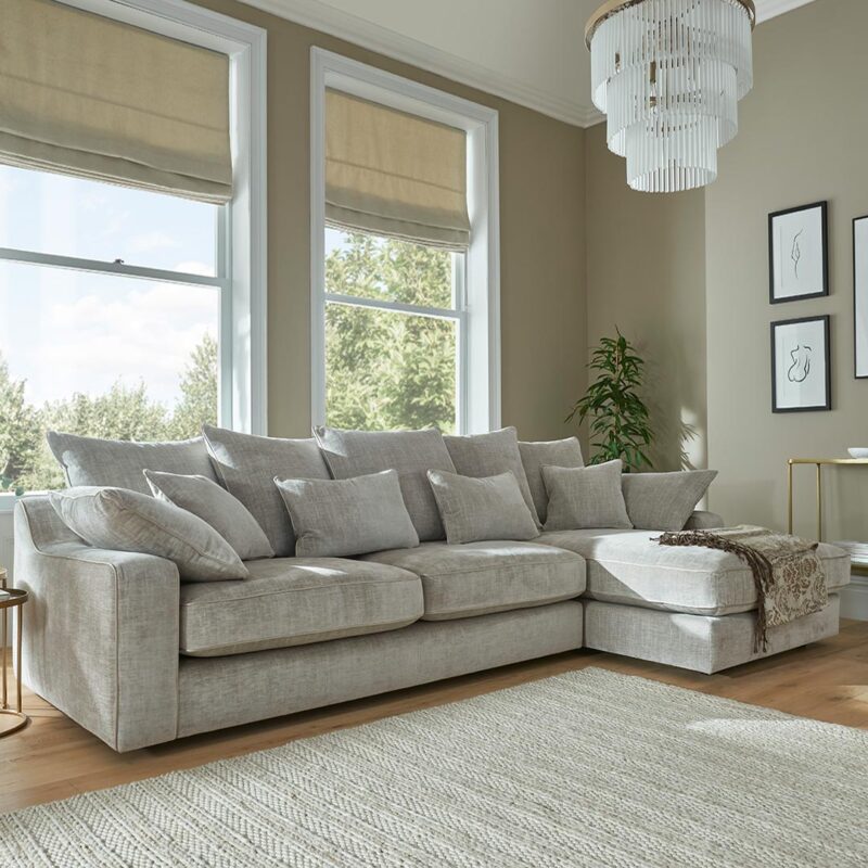 Miami large chaise end sofa RHF Pillow Back in a neutral fabric with contrast piping