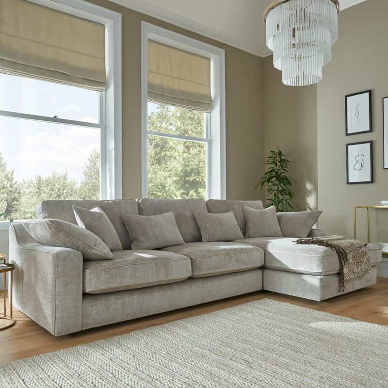 Miami large chaise end sofa RHF in a neutral fabric with contrast piping