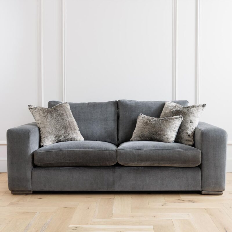 Maine 2 seater sofa in grey velvet with scatter cushions