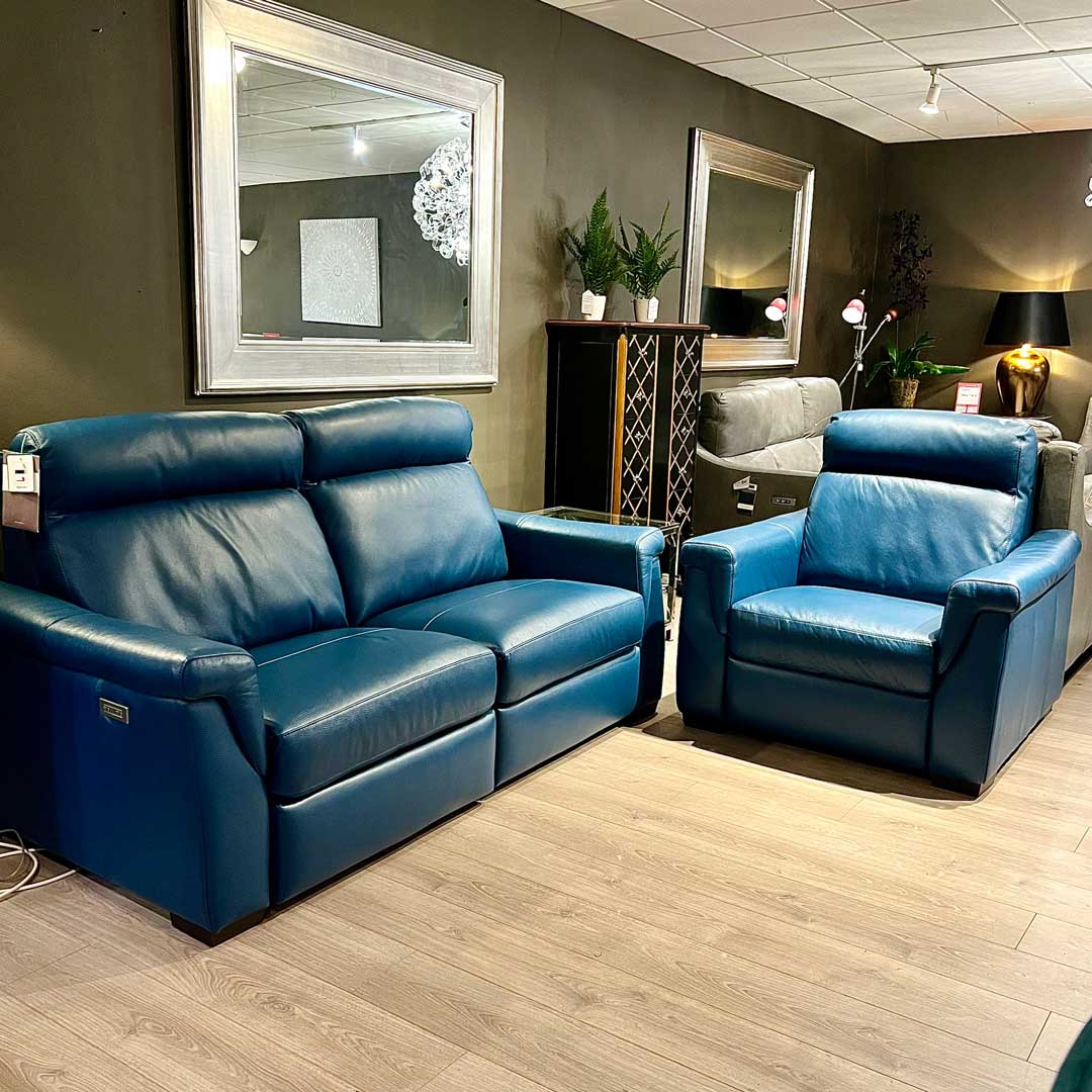 Artemis blue leather sofa and chair
