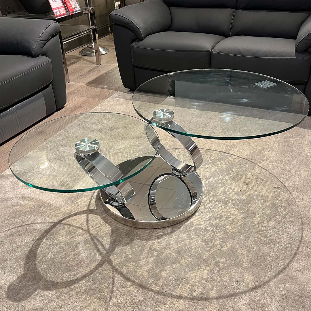 Saturn glass and chrome swivel coffee table