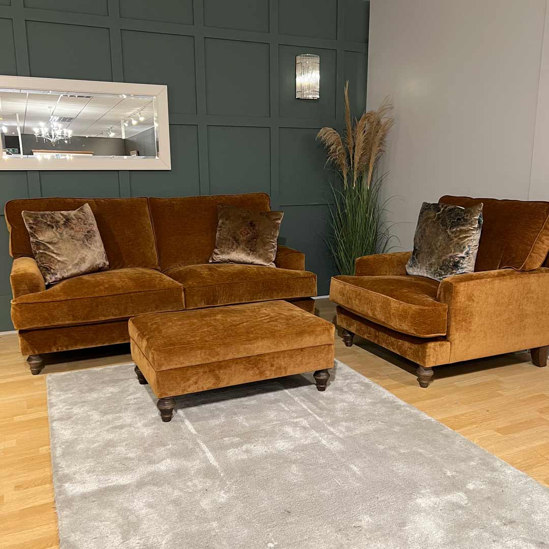 Sandringham medium sofa, chair and footstool in rust colour fabric