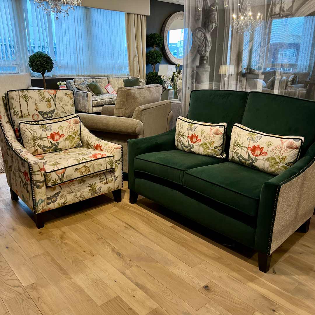 vincent green 2 seater sofa and floral arm chair