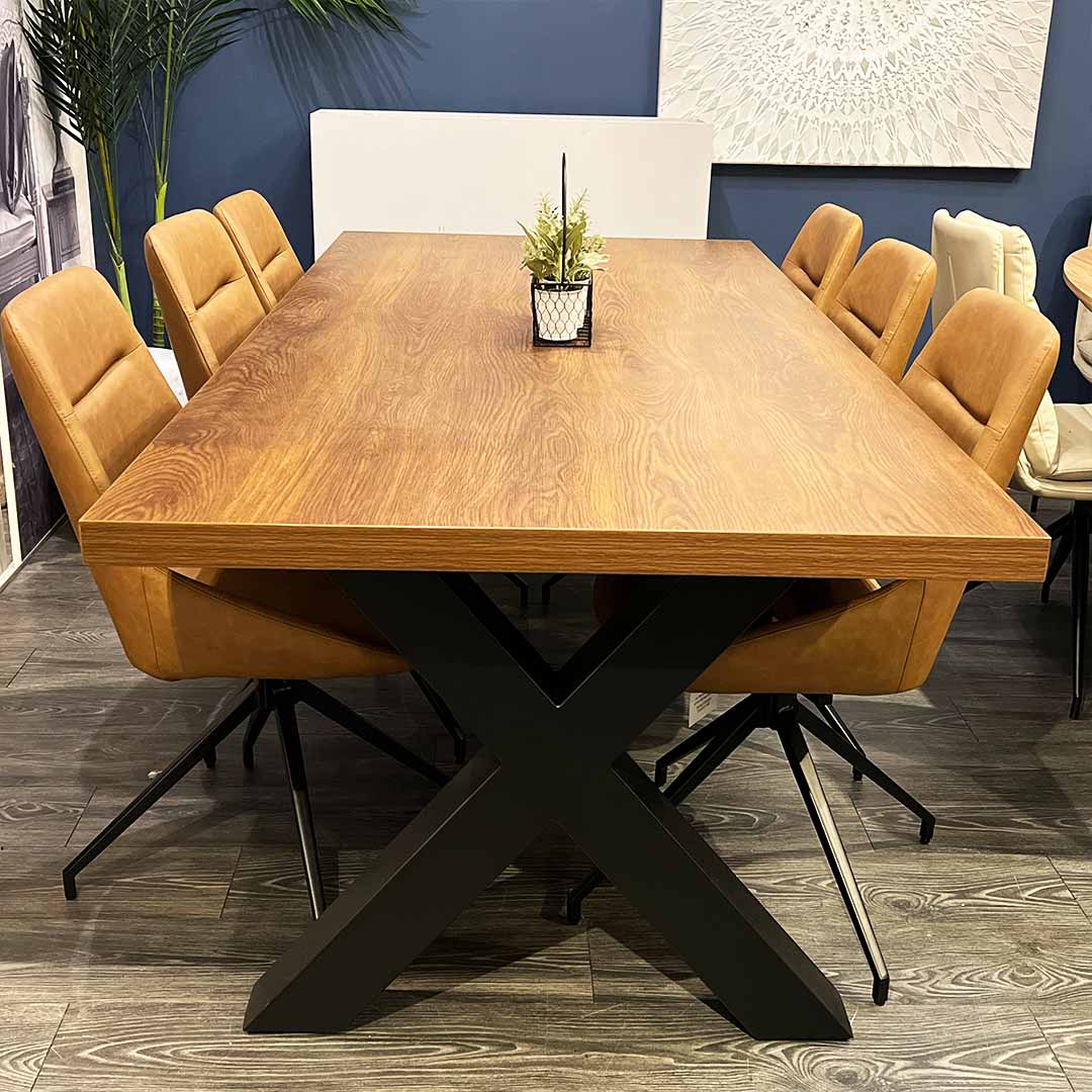 Detroit 220cm dining table with metal X base and 6 brown swivel chairs in vegan leather