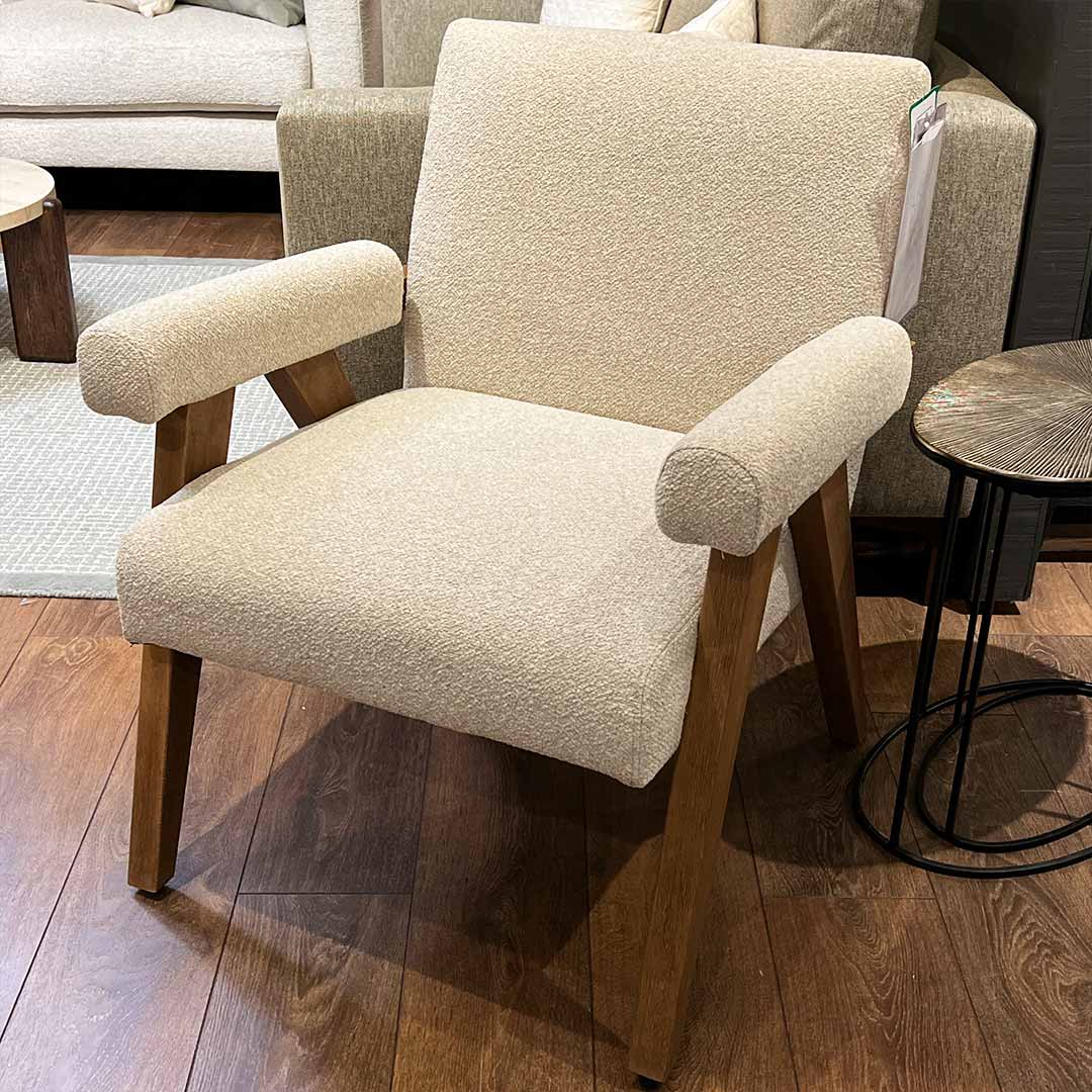 Lana beige boucle accent chair with wooden legs