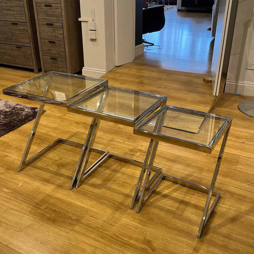 set of 3 chrome and glass nest of tables