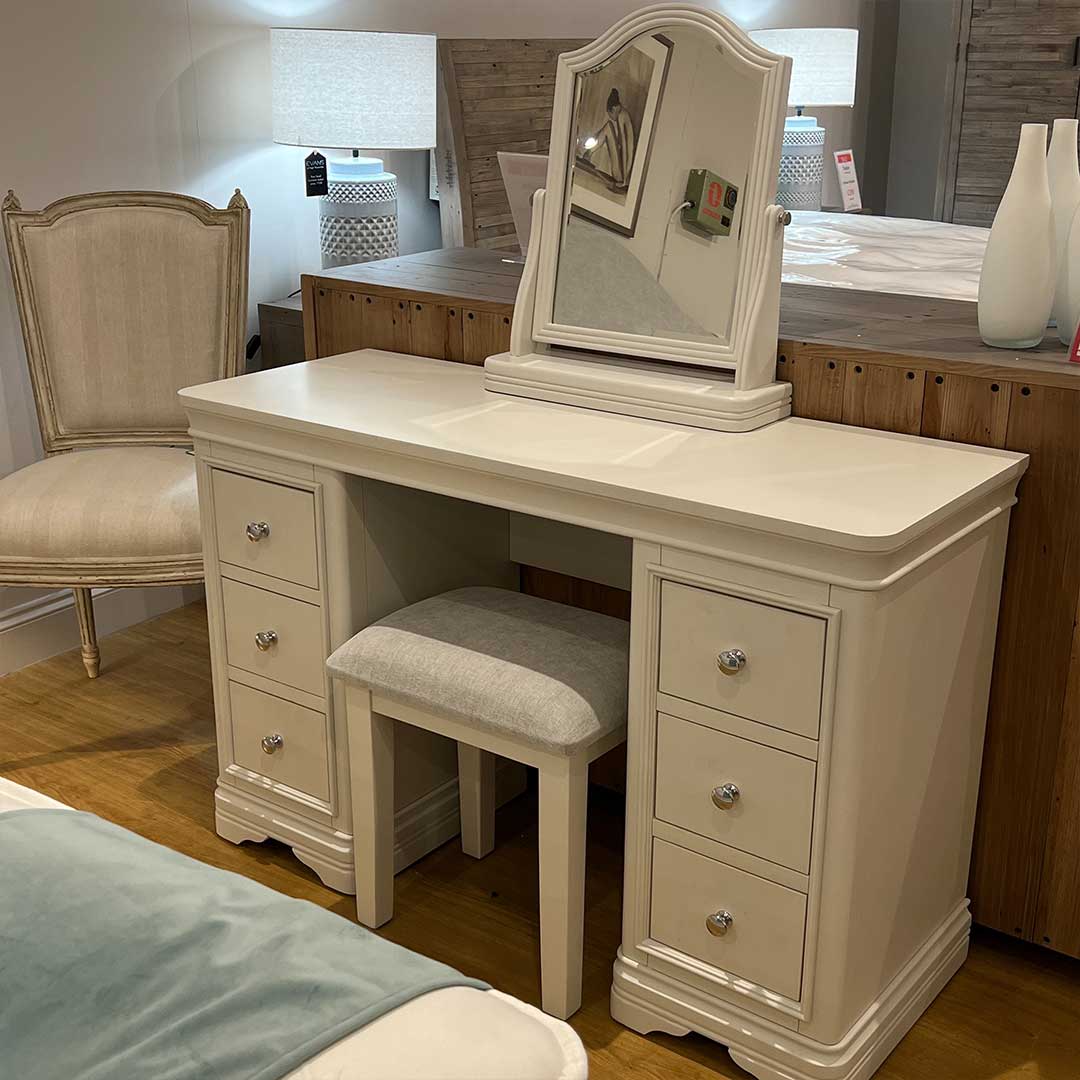 ornate painted white dressing table with stool and mirror