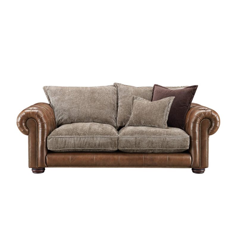 Chesterfield sofa upholstered in brown leather and velvet fabric