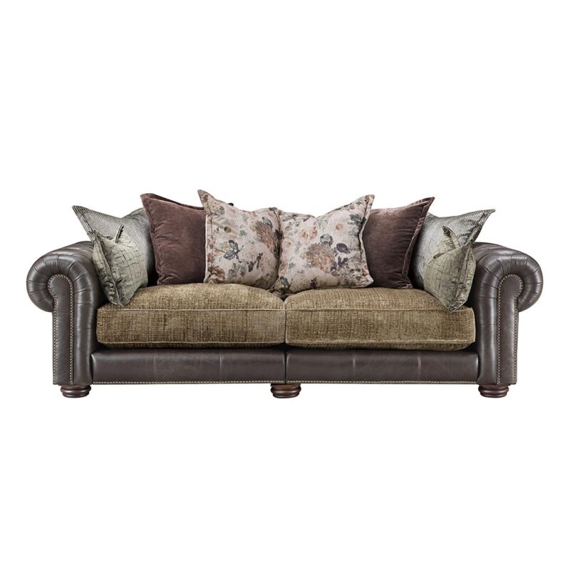 Chesterfield sofa upholstered in a mix of leather and fabric