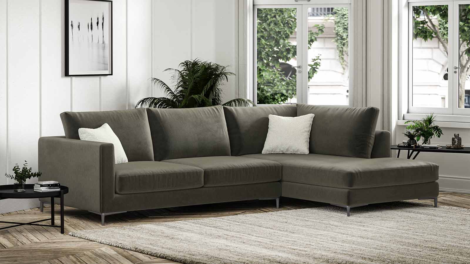 zara chaise end sofa in green fabric