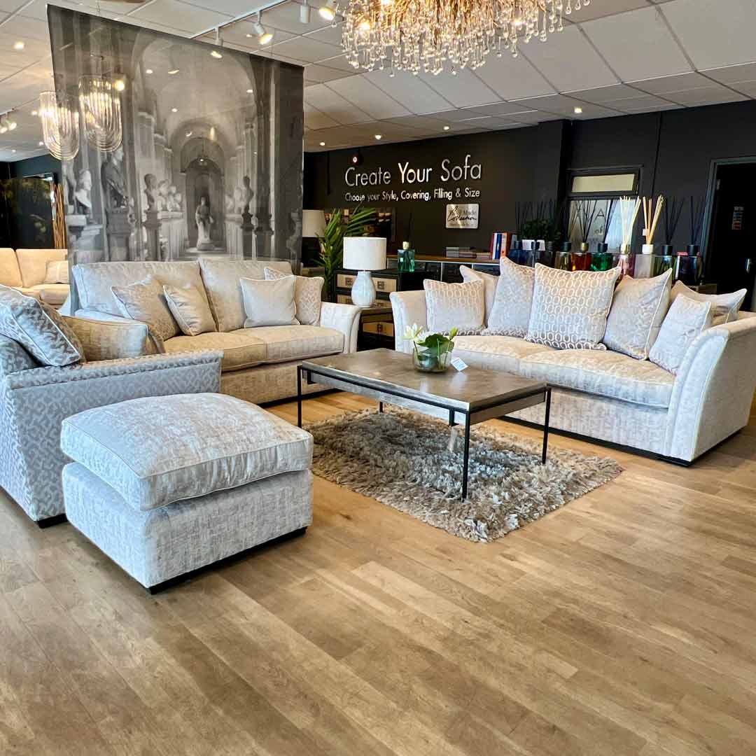 Canterbury 3.5 seater sofa, 2.5 seater sofa, armchair and footstool. Handmade by us in High Wycombe