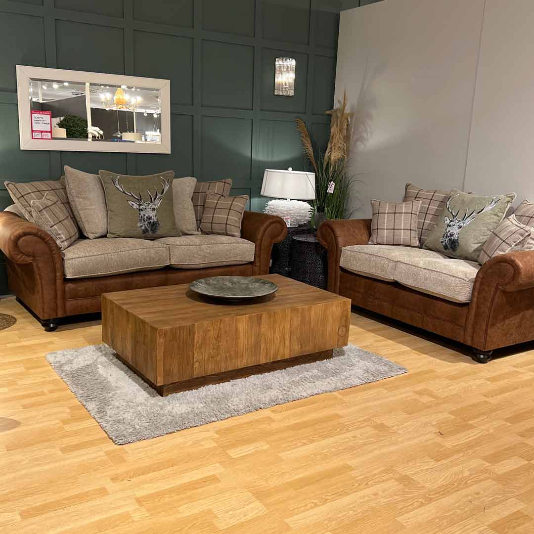 Dundee 3 seater sofa and 2 seater sofa. A large scroll arm sofa design in split fabrics