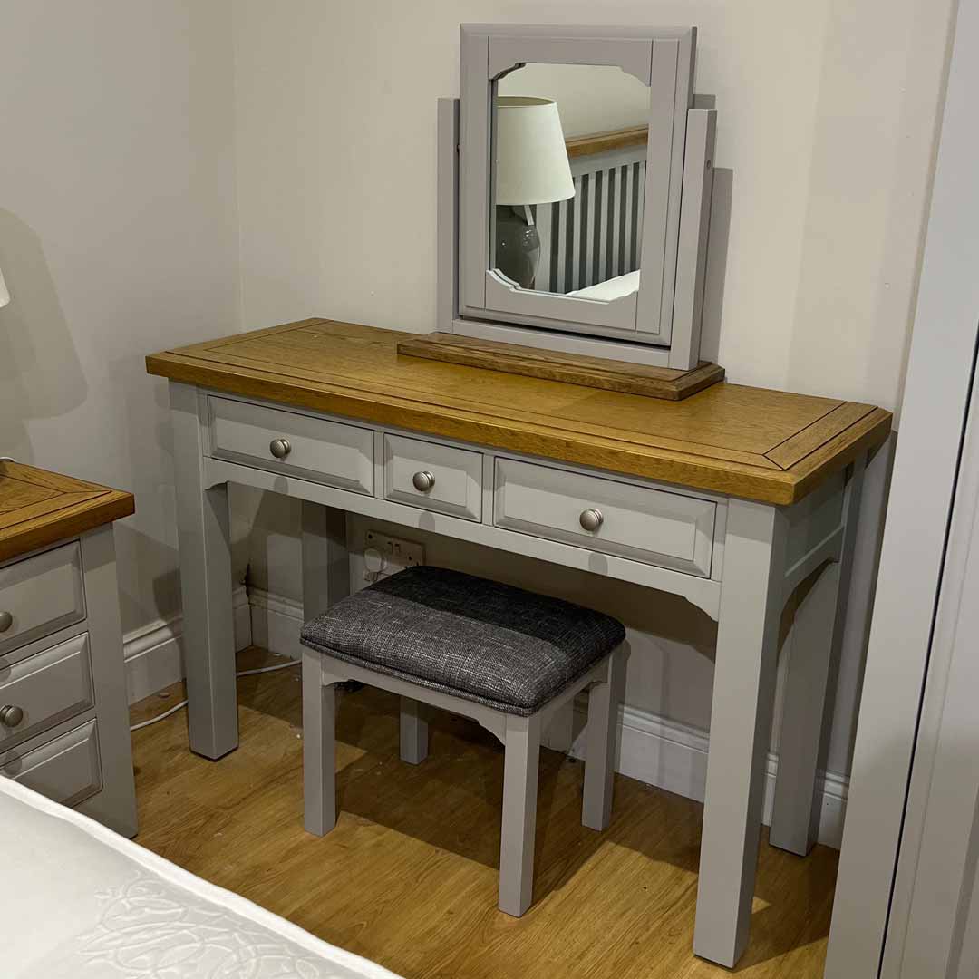 Dressing table, stool, and mirror
