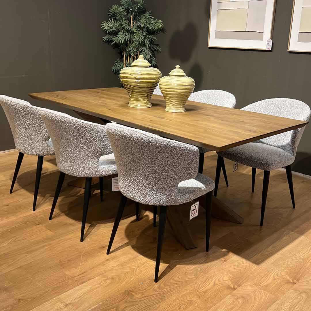 Huxley solid oak 2m dining table and 6 boucle dining chairs