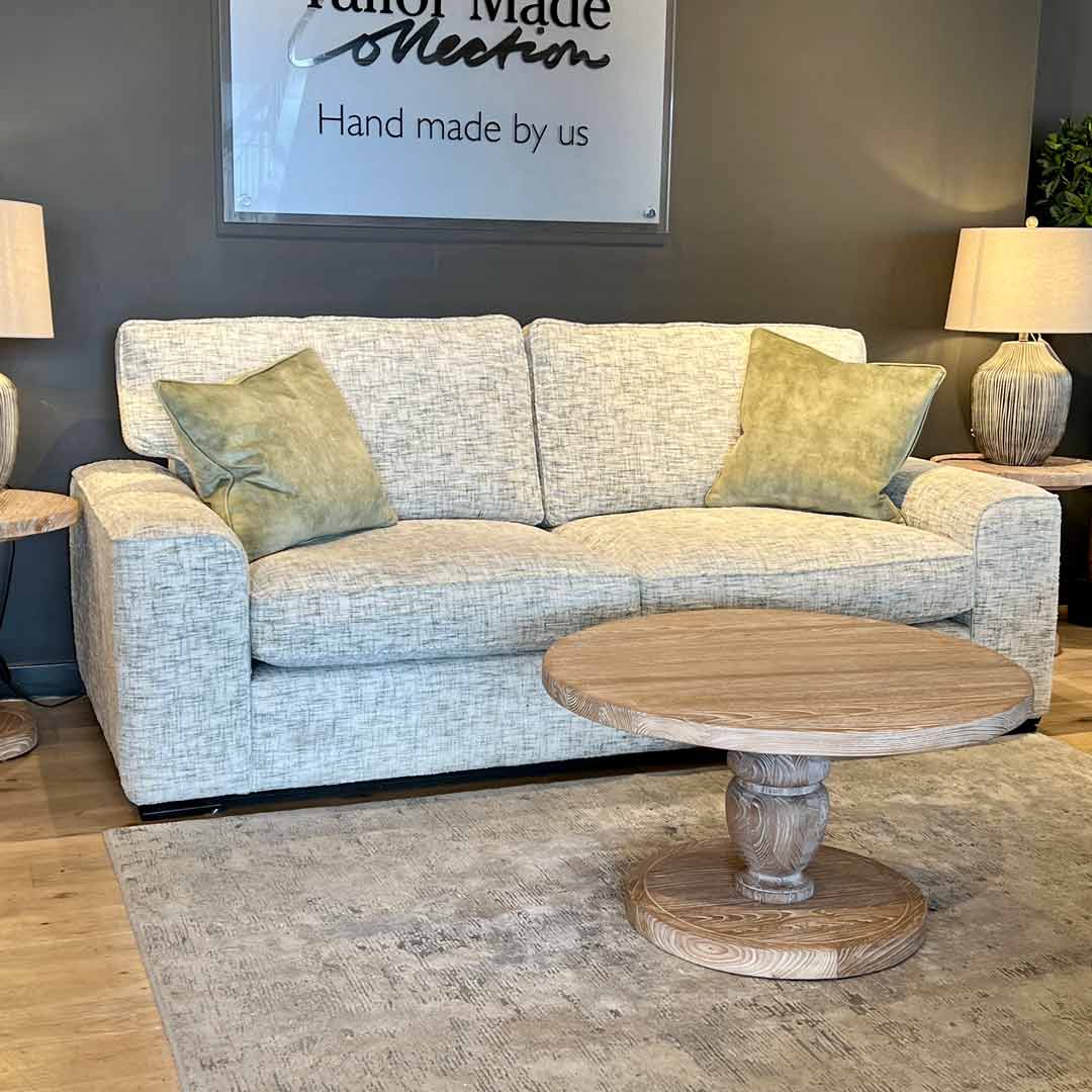 Knigthsbridge 3 seater sofa in a neutral & green textured fabric. Handmade by us in High Wycombe