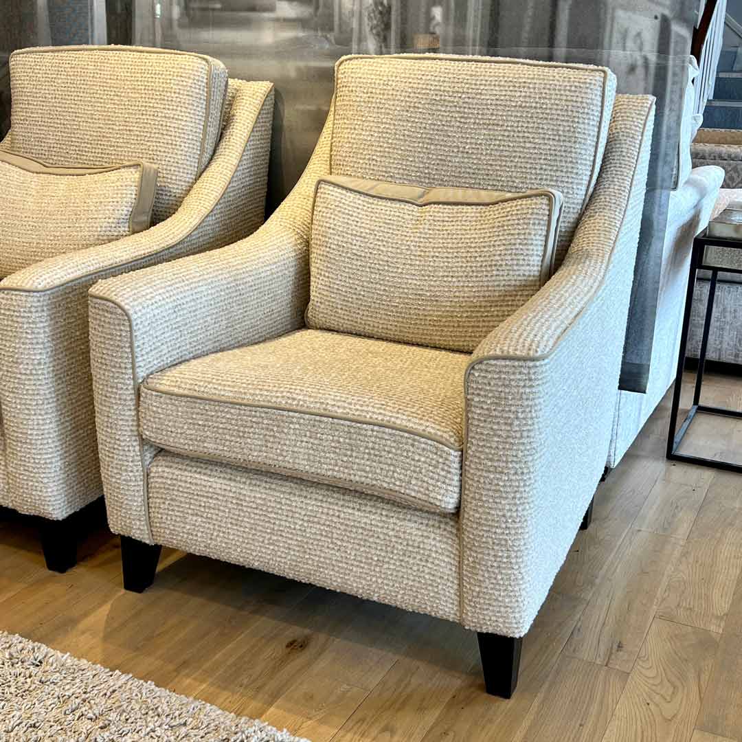 Sloan accent chair in a tufty neutral fabric. handmade by us in High Wycombe
