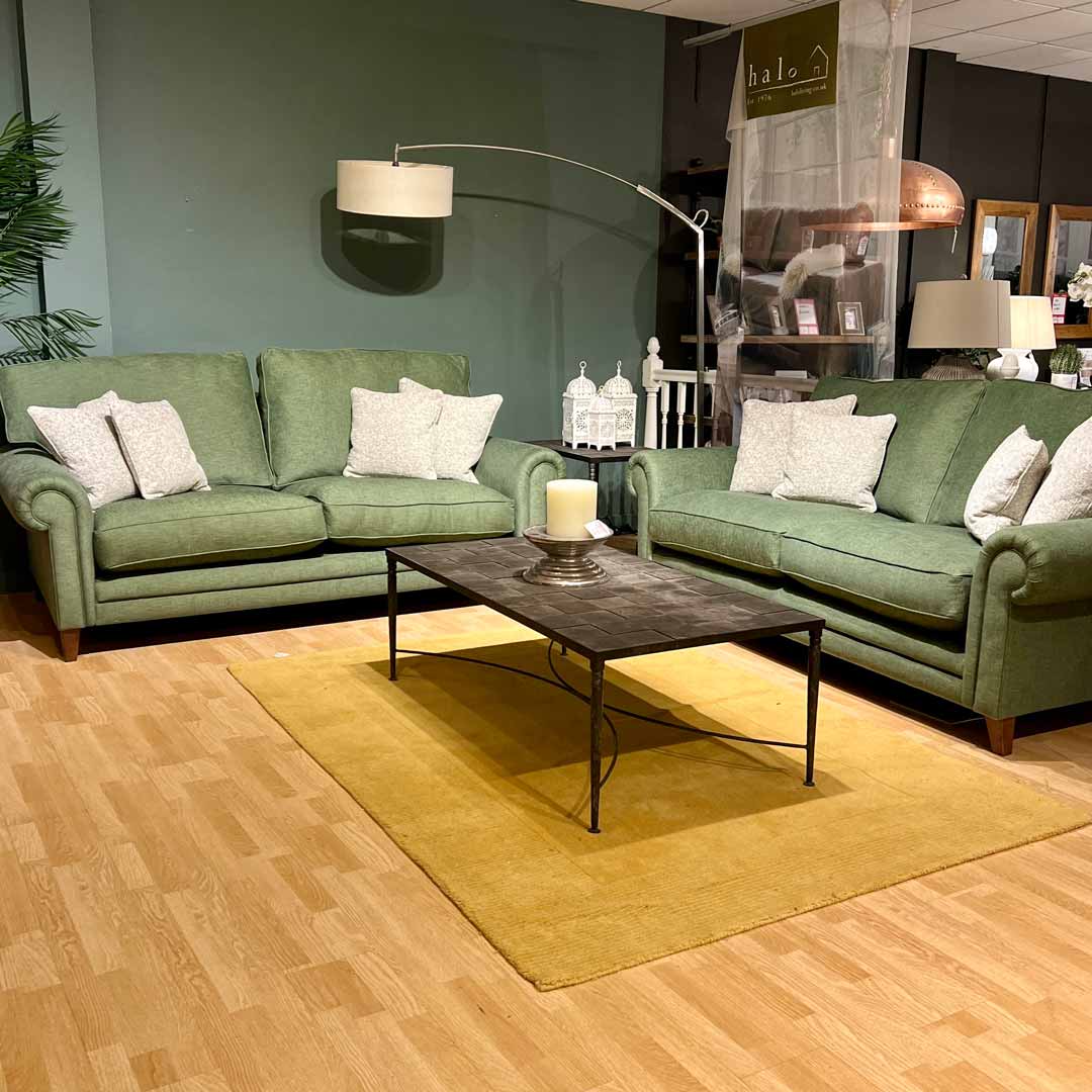 Cheltenham 2 x 3.5 seater sofas in green fabric