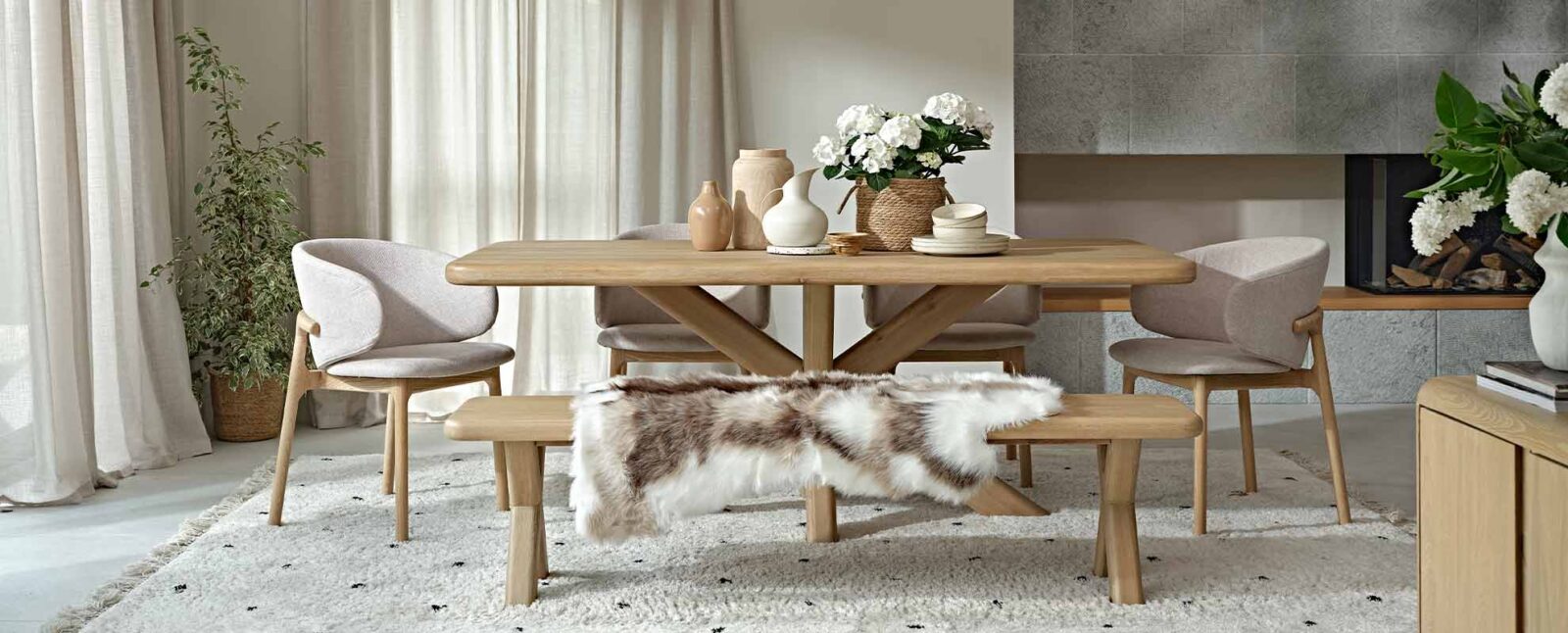 Solid white oak dining table with bench and upholstery dining chairs