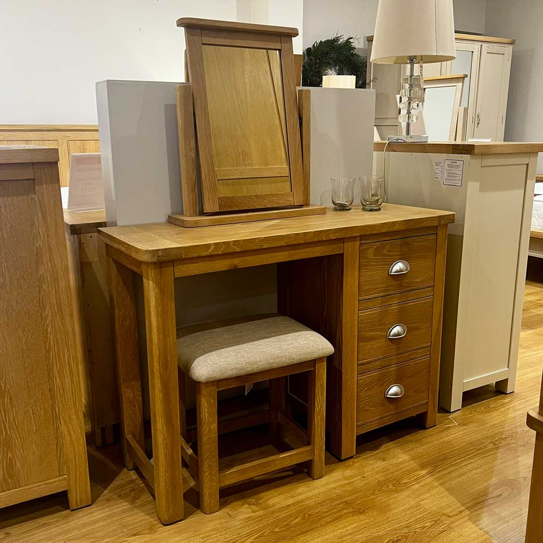 Oak dressing table, stool and mirror