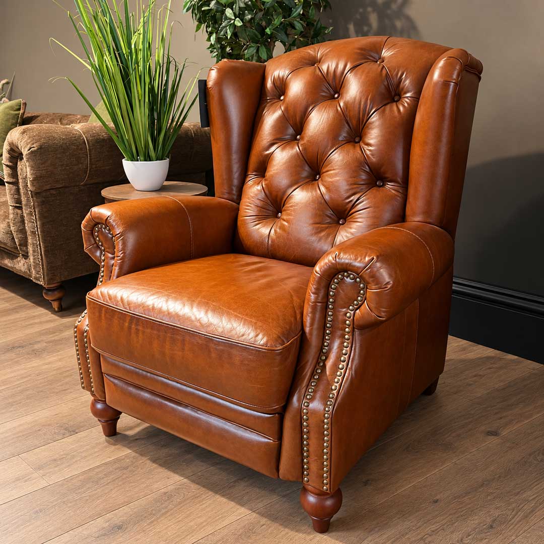 brown leather power recliner wing chair